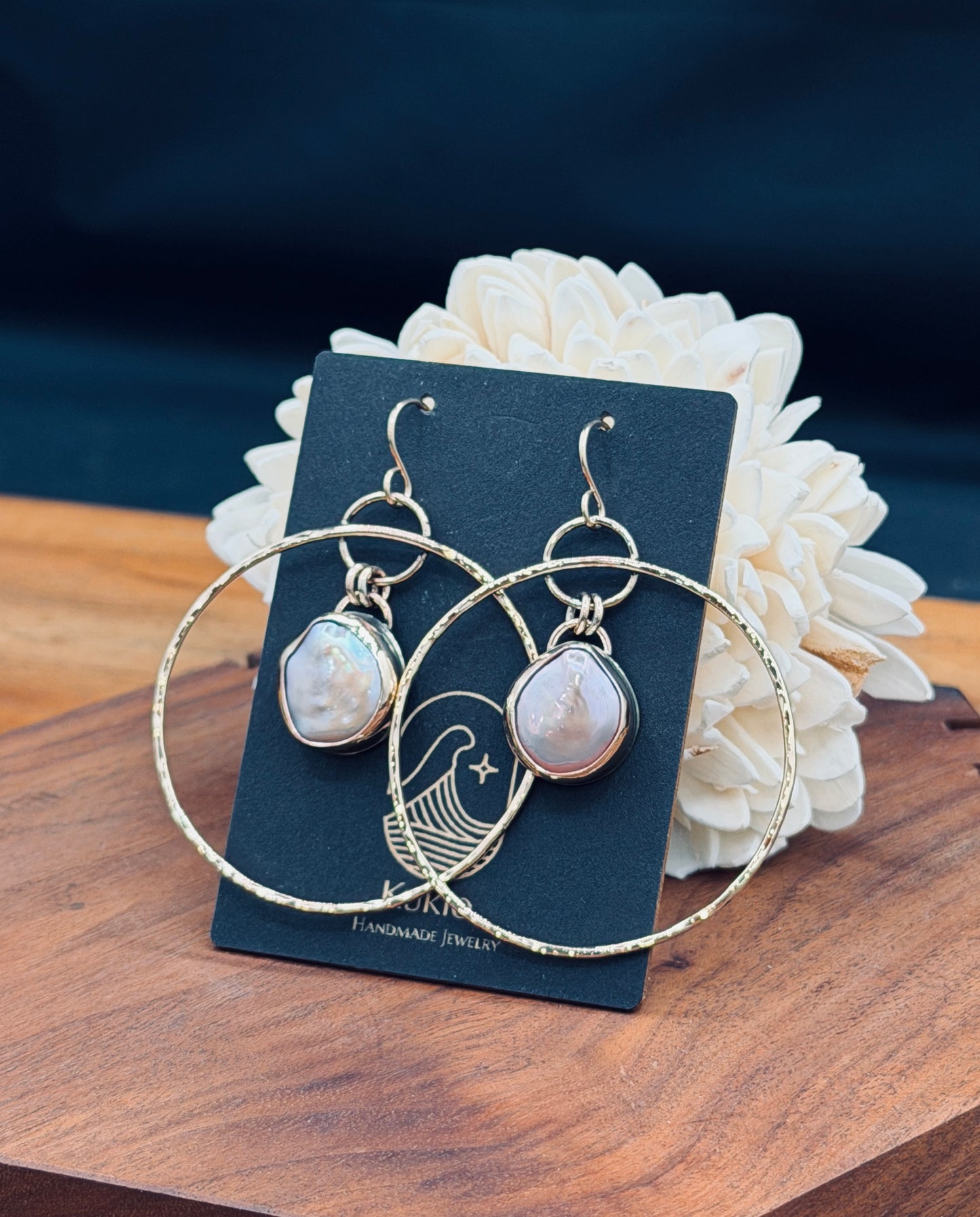 Gold Fill Hammered Texture Hoops with Pink Coin Pearl