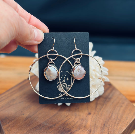 Gold Fill Hammered Texture Hoops with Pink Coin Pearl