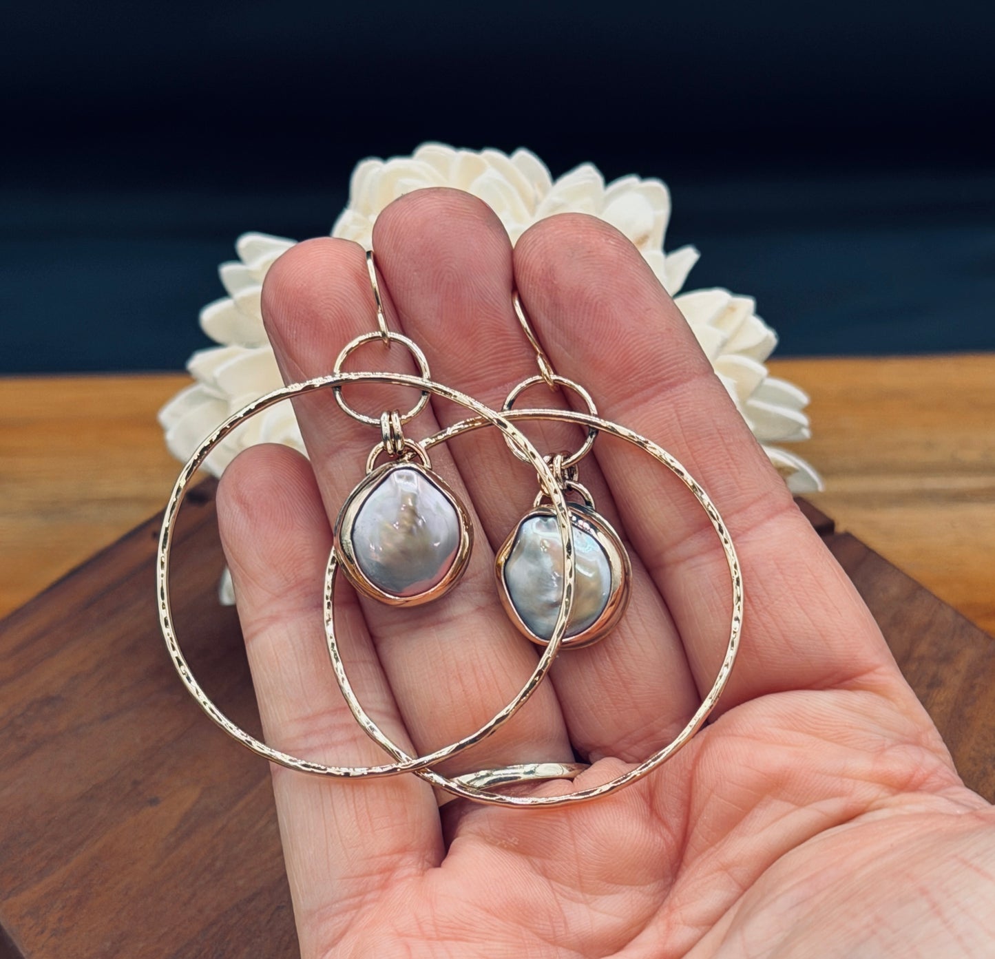 Gold Fill Hammered Texture Hoops with Pink Coin Pearl