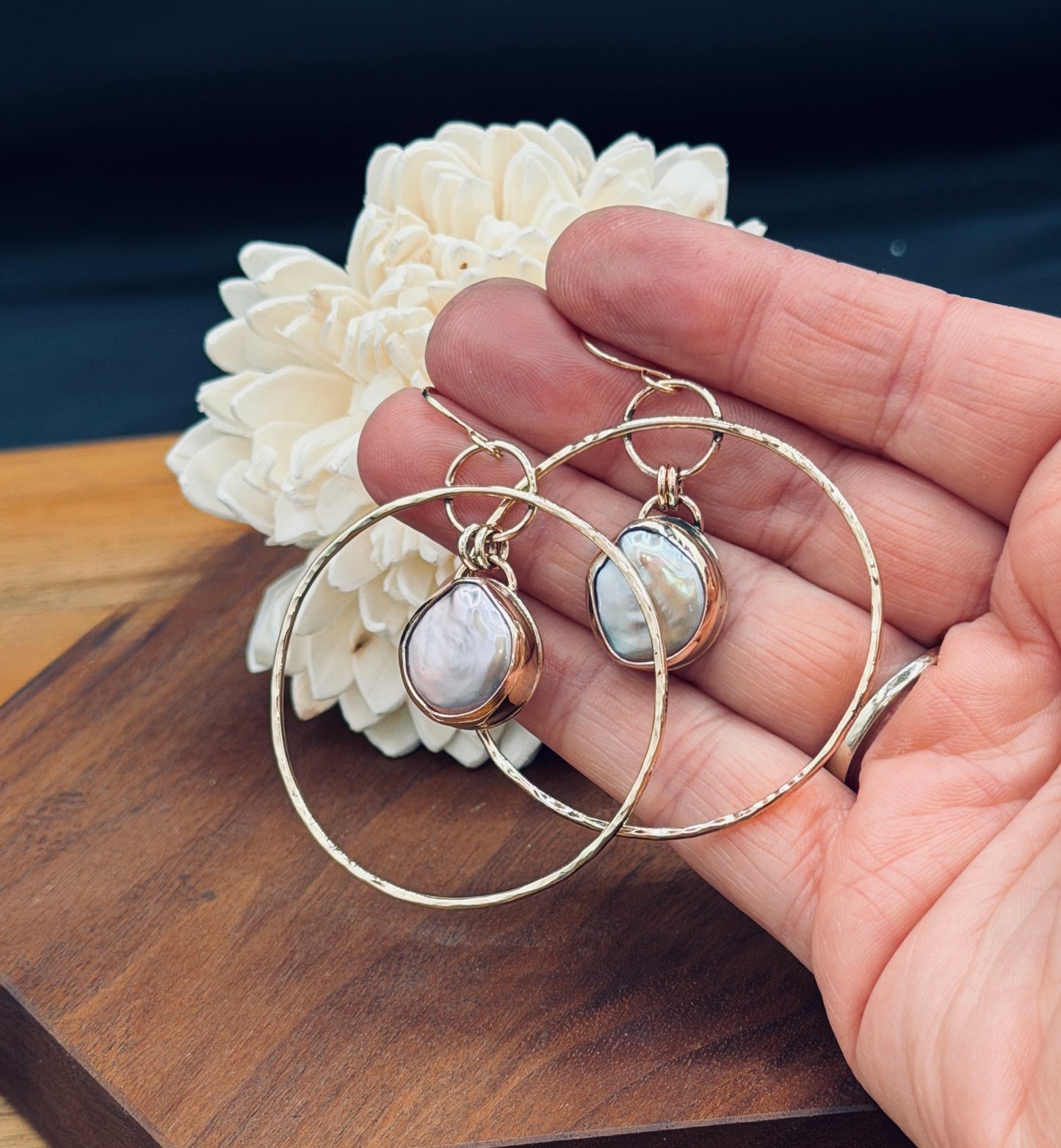 Gold Fill Hammered Texture Hoops with Pink Coin Pearl