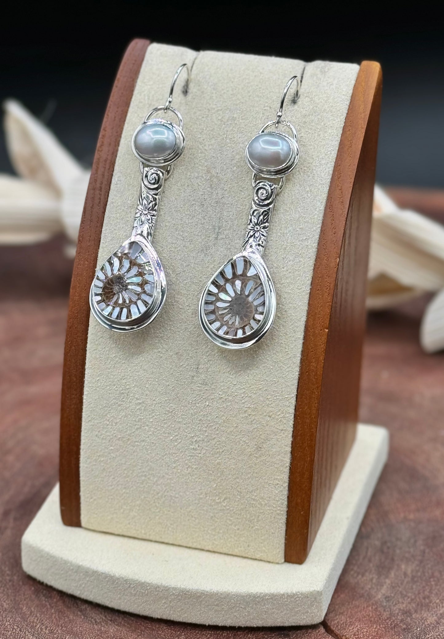 Sterling Silver Ammonite with MOP Inlay and Fresh Water Pearl Patterned Earrings