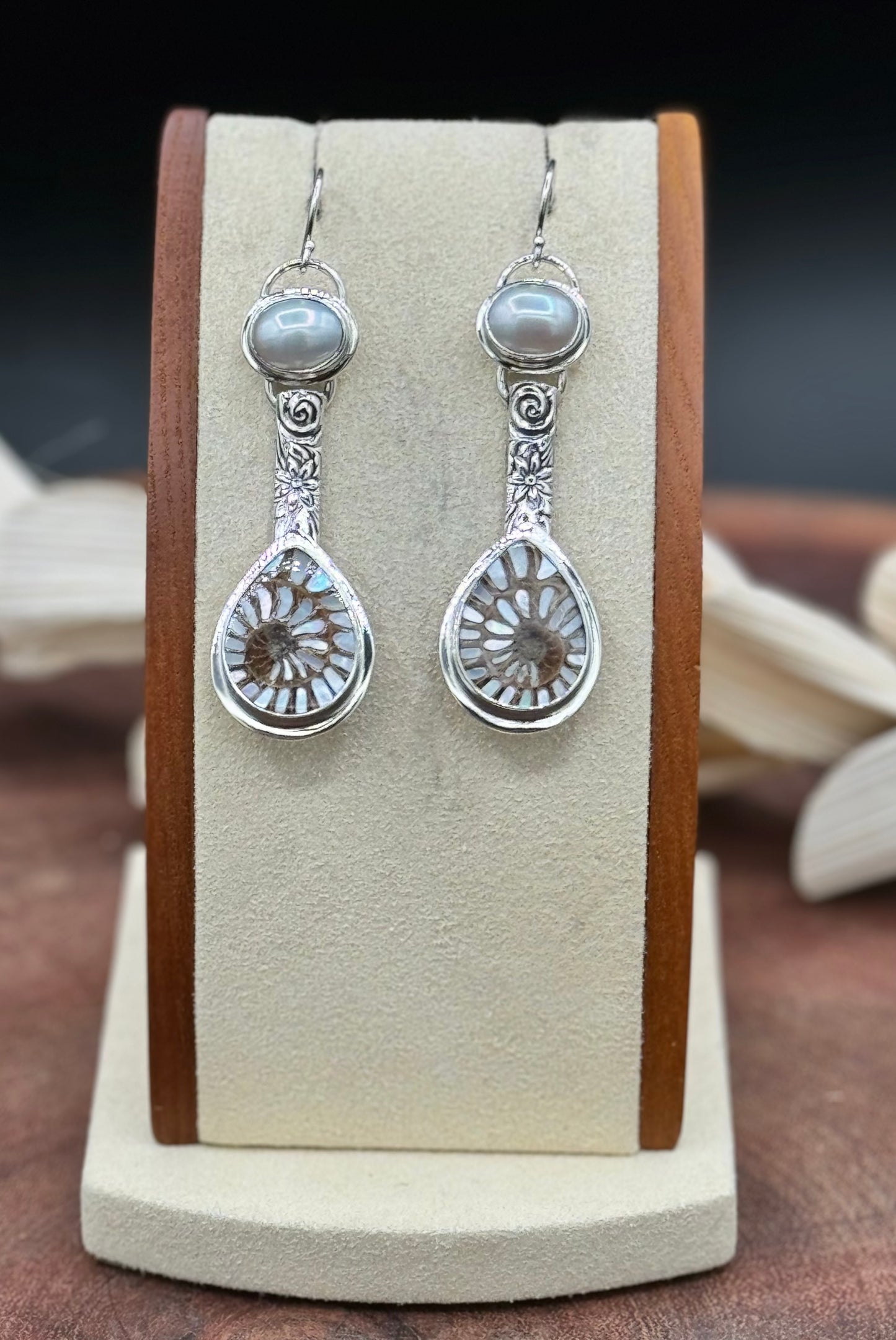 Sterling Silver Ammonite with MOP Inlay and Fresh Water Pearl Patterned Earrings