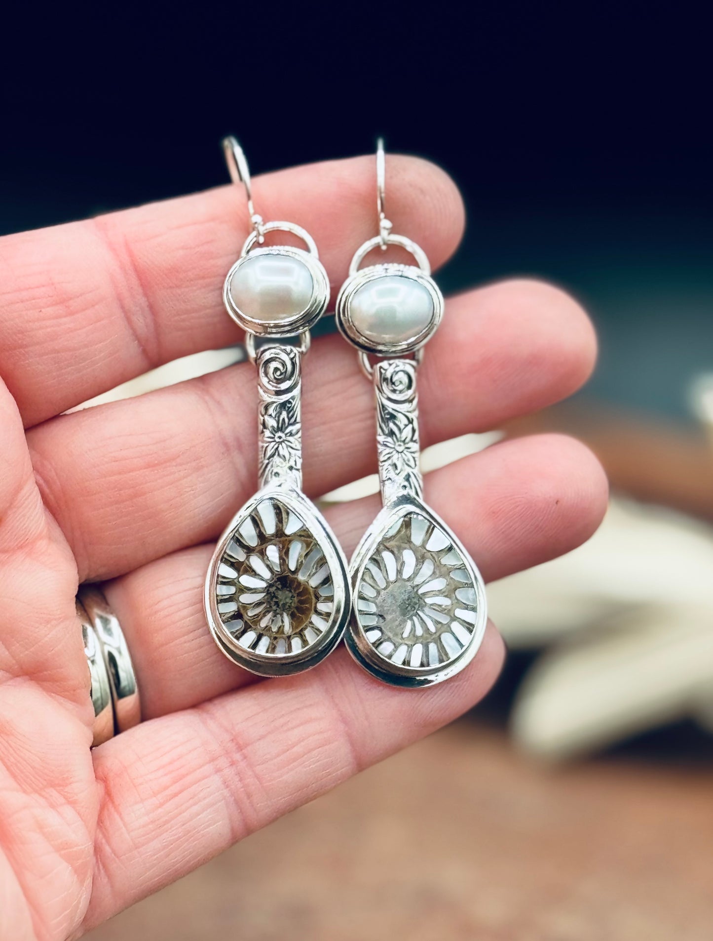 Sterling Silver Ammonite with MOP Inlay and Fresh Water Pearl Patterned Earrings