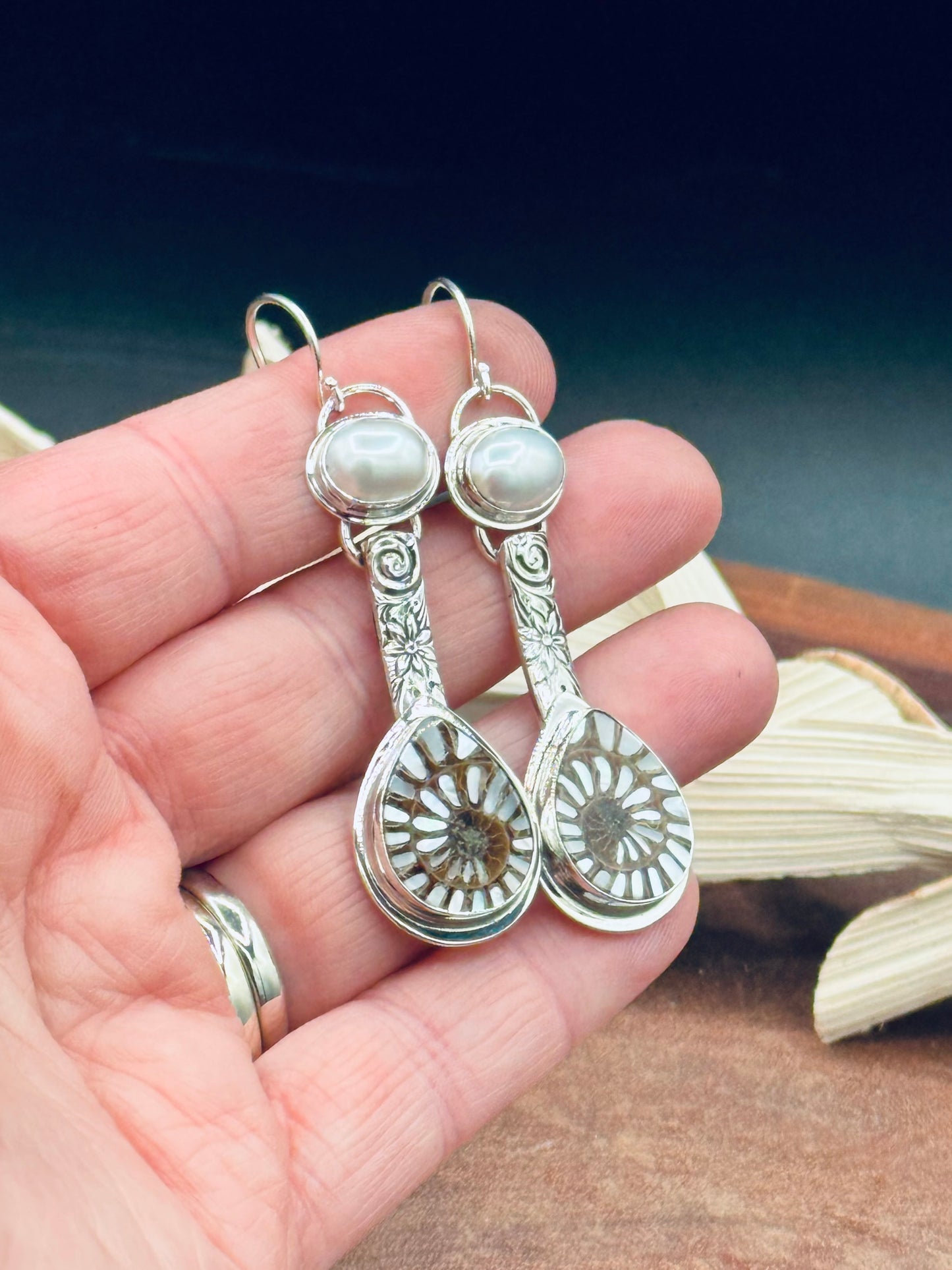 Sterling Silver Ammonite with MOP Inlay and Fresh Water Pearl Patterned Earrings