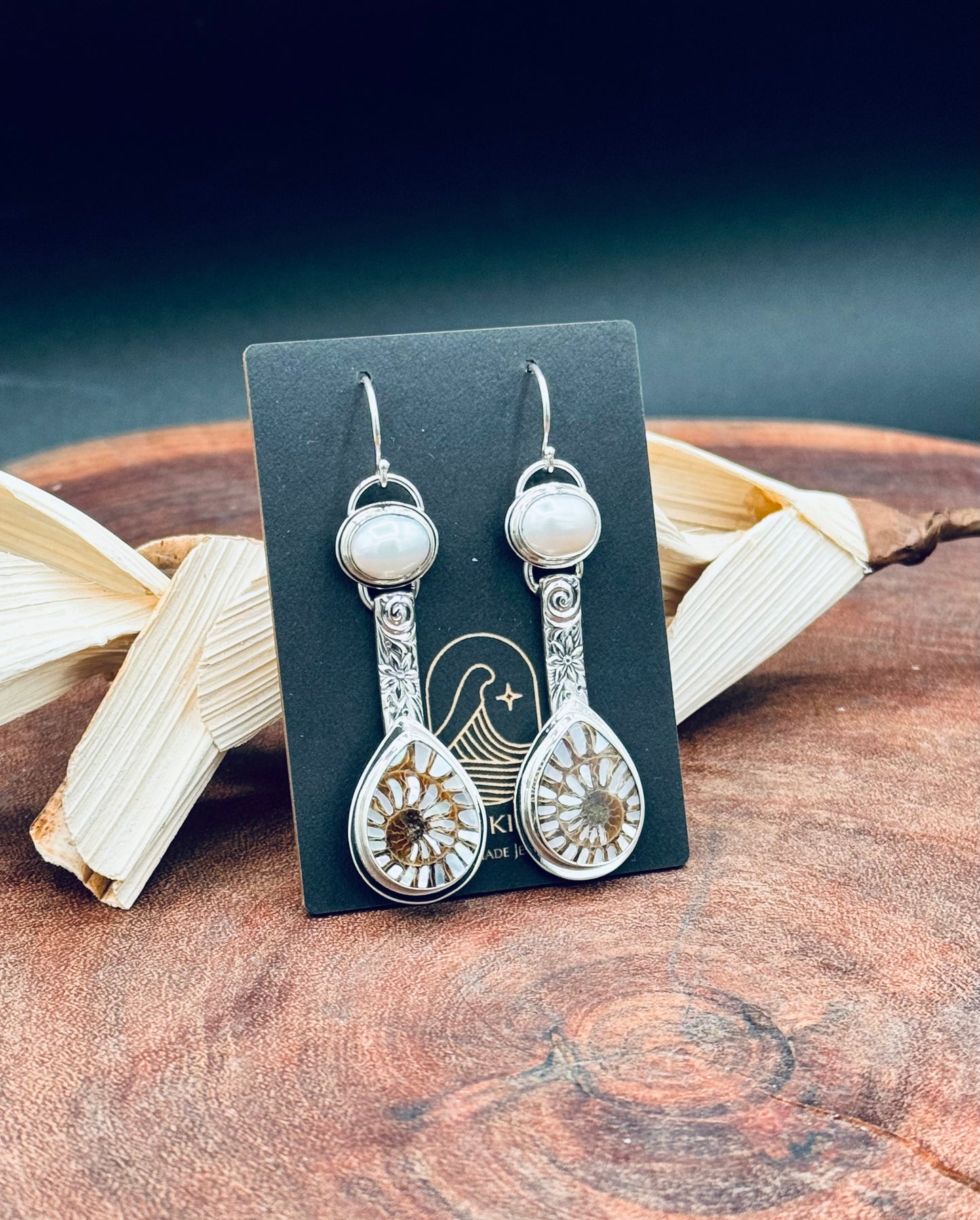 Sterling Silver Ammonite with MOP Inlay and Fresh Water Pearl Patterned Earrings