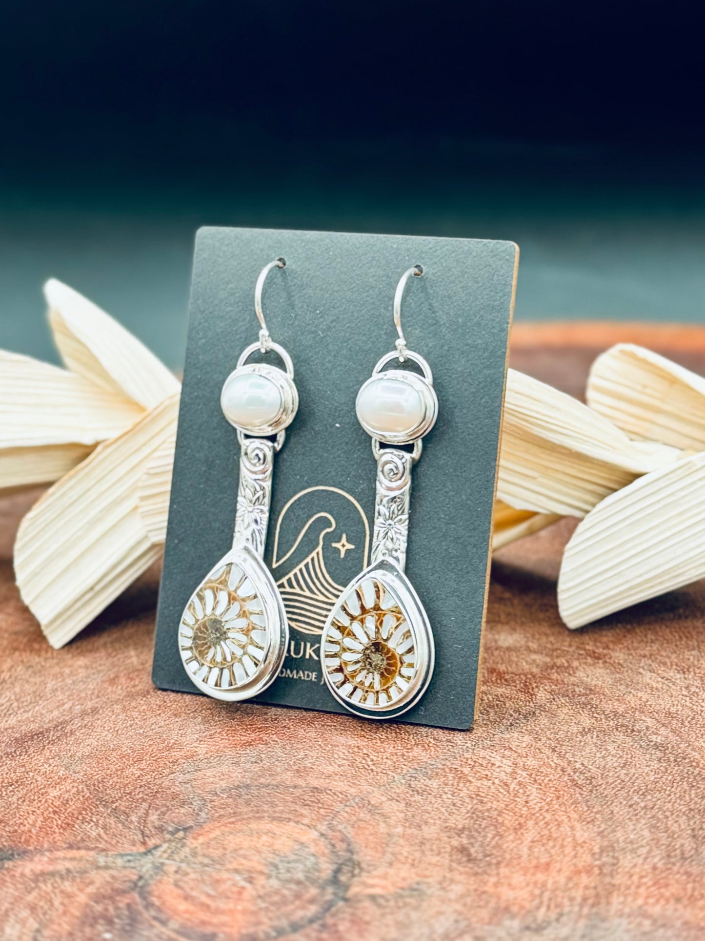 Sterling Silver Ammonite with MOP Inlay and Fresh Water Pearl Patterned Earrings