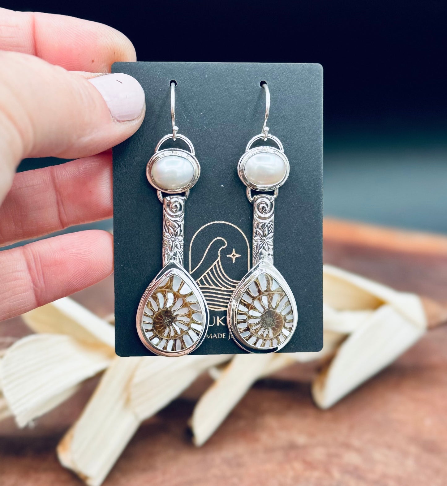 Sterling Silver Ammonite with MOP Inlay and Fresh Water Pearl Patterned Earrings