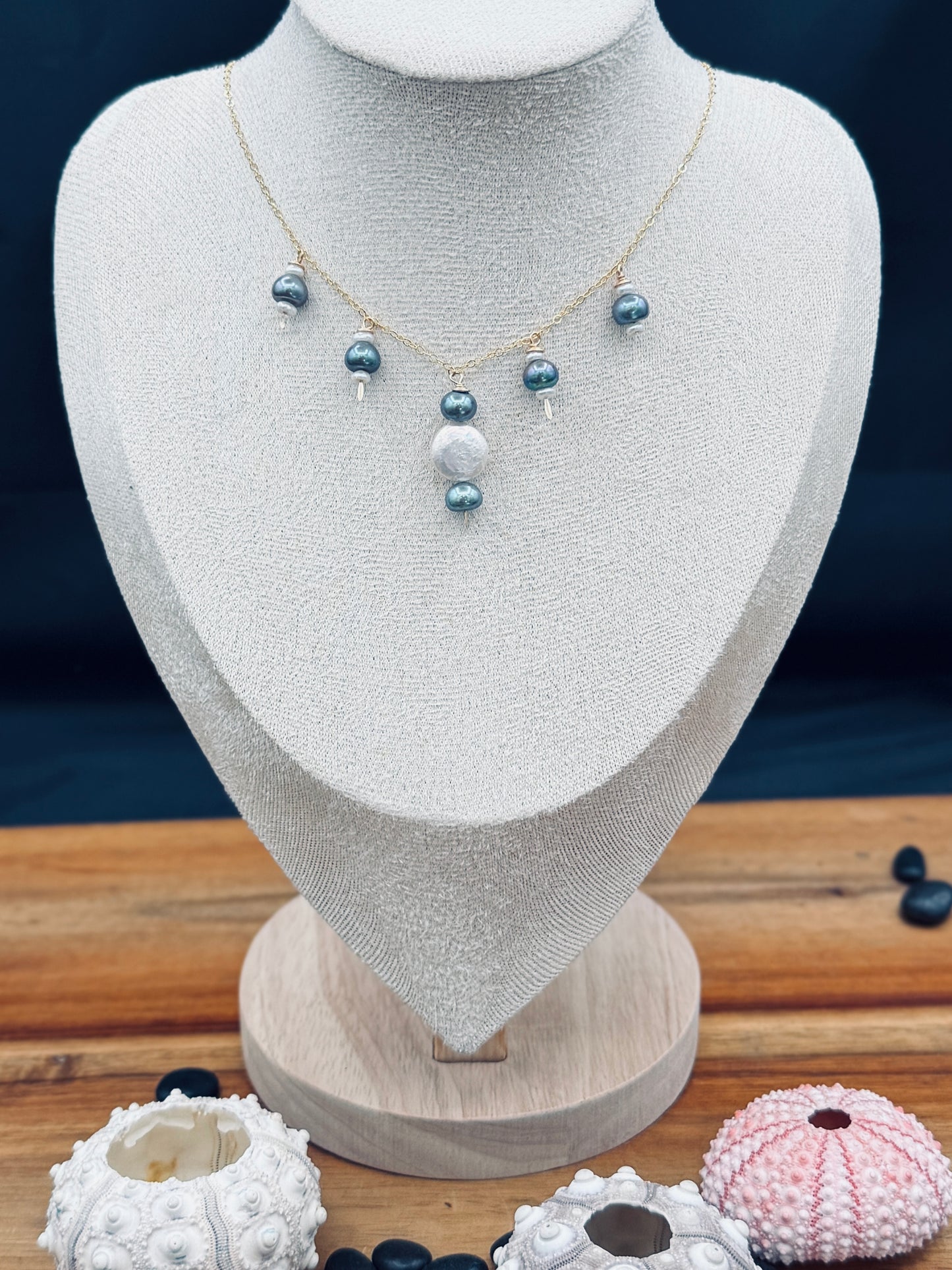 Gold-Fill Peacock and White Pearl Necklace