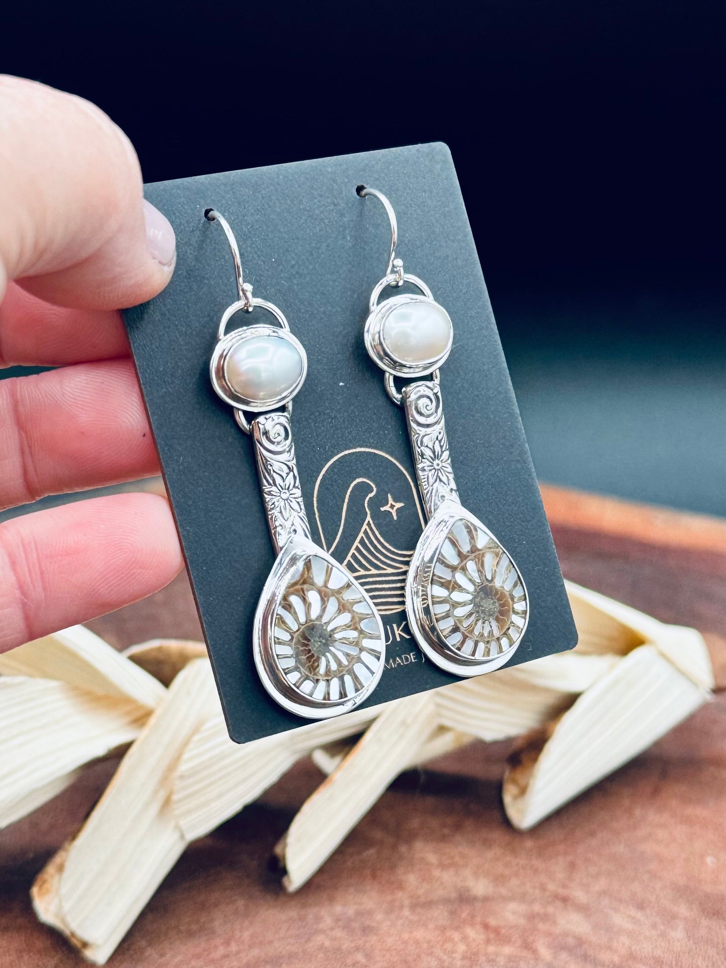 Sterling Silver Ammonite with MOP Inlay and Fresh Water Pearl Patterned Earrings