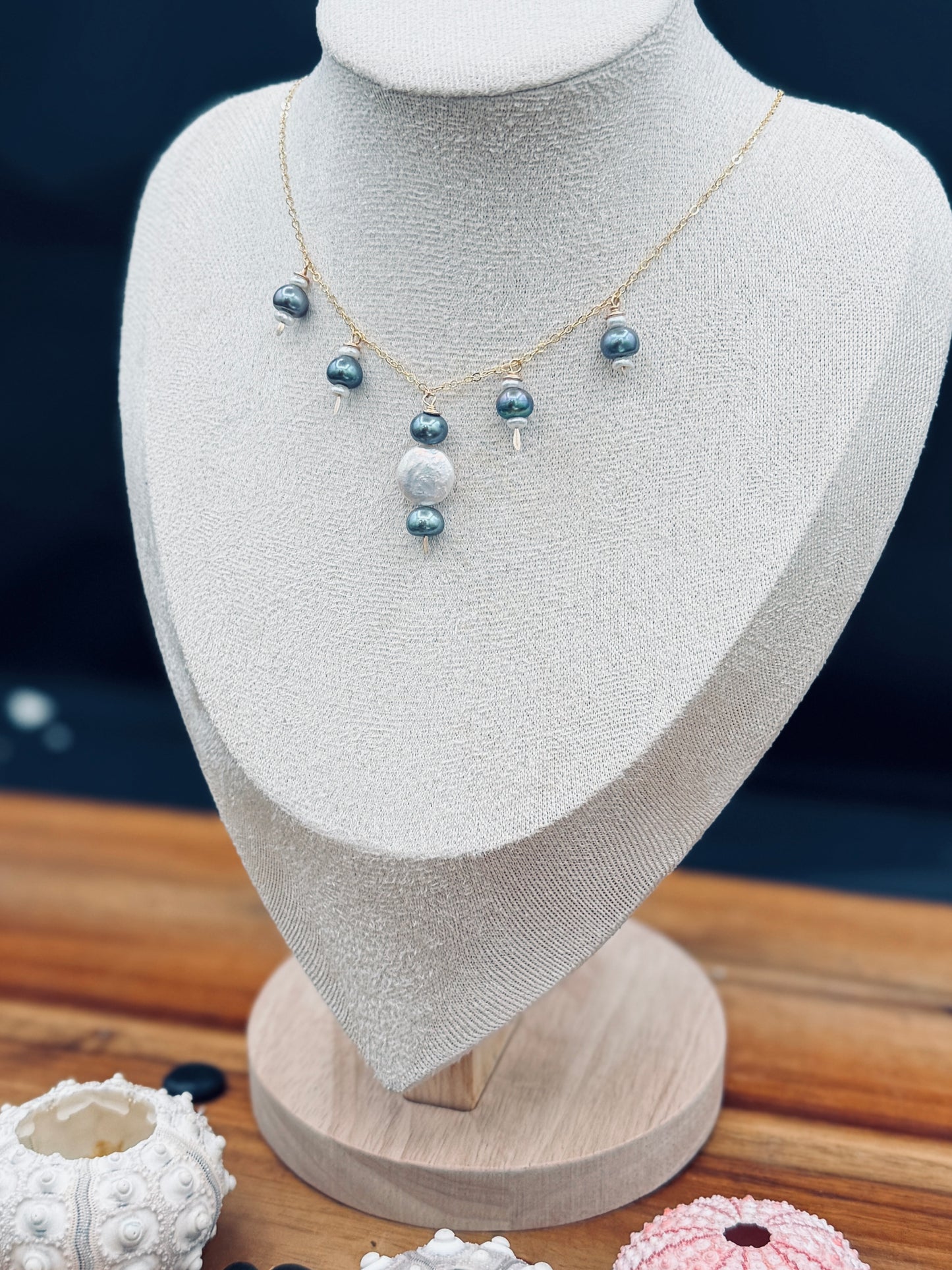 Gold-Fill Peacock and White Pearl Necklace