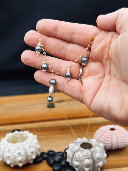 Gold-Fill Peacock and White Pearl Necklace