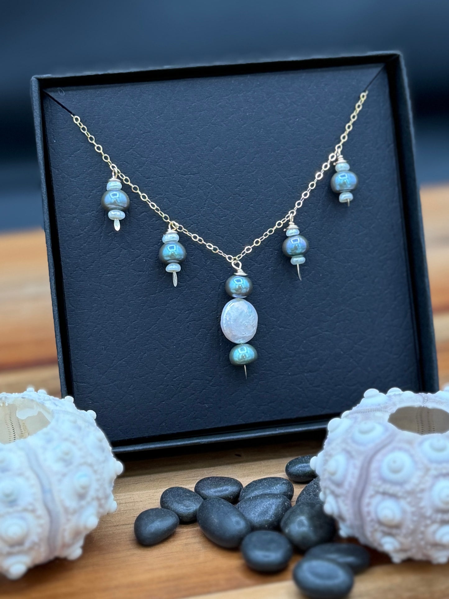 Gold-Fill Peacock and White Pearl Necklace