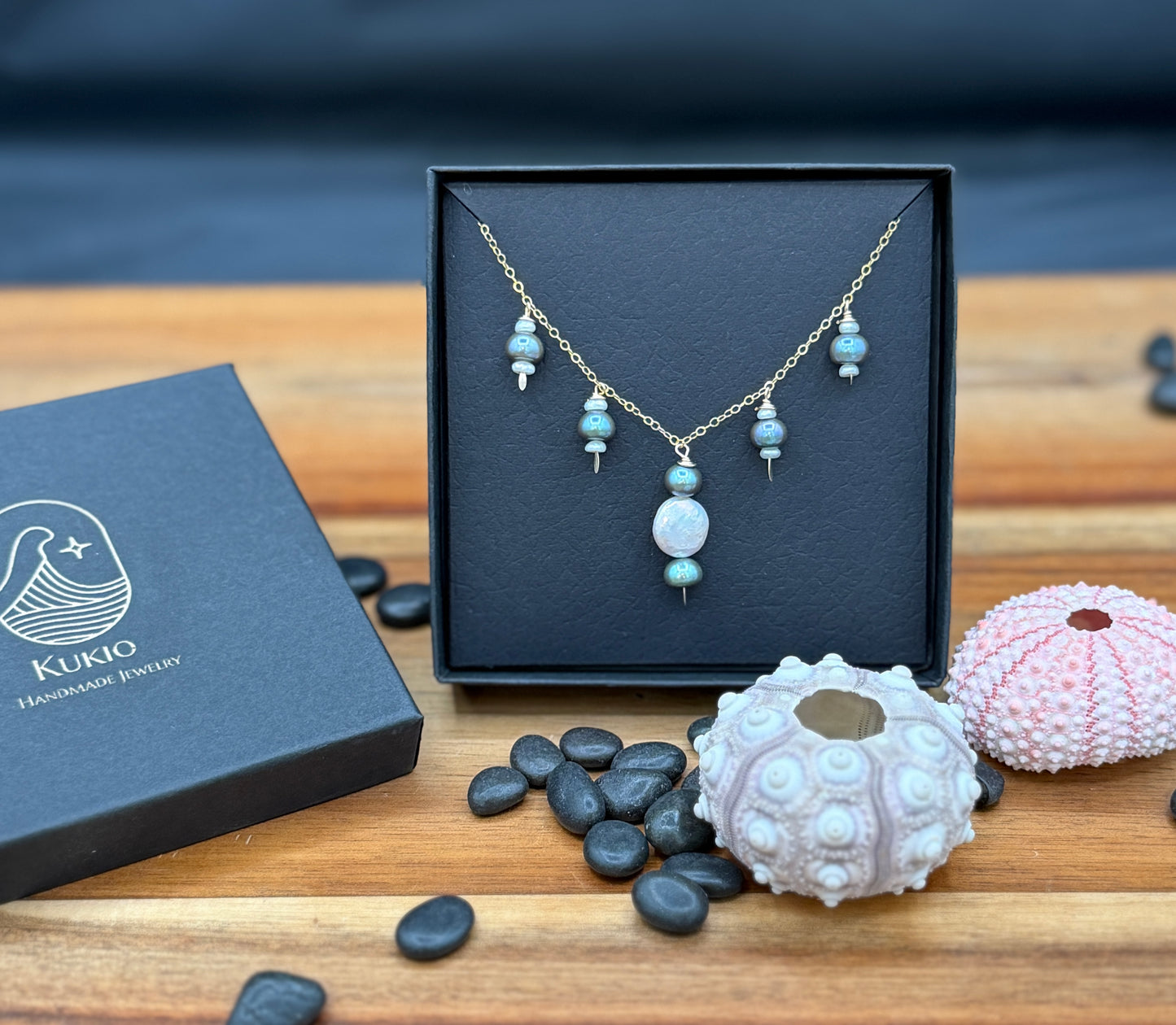 Gold-Fill Peacock and White Pearl Necklace