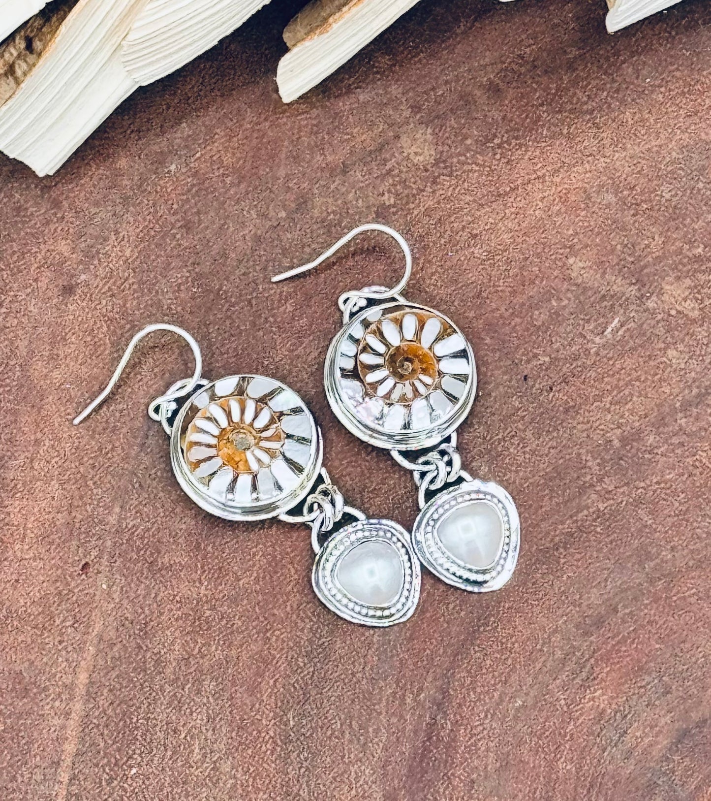 Ammonite with MOP Inlay and Fresh Water Peal Sterling Silver Dangle Earrings