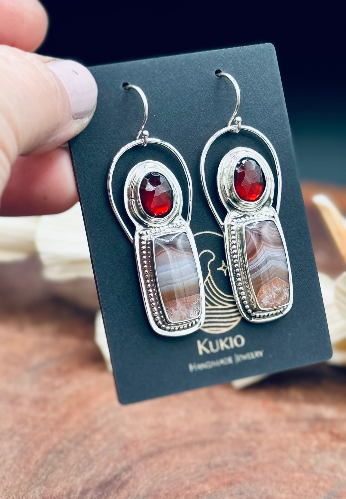 Agua Nueva Agate and Garnet Sterling Silver Earrings