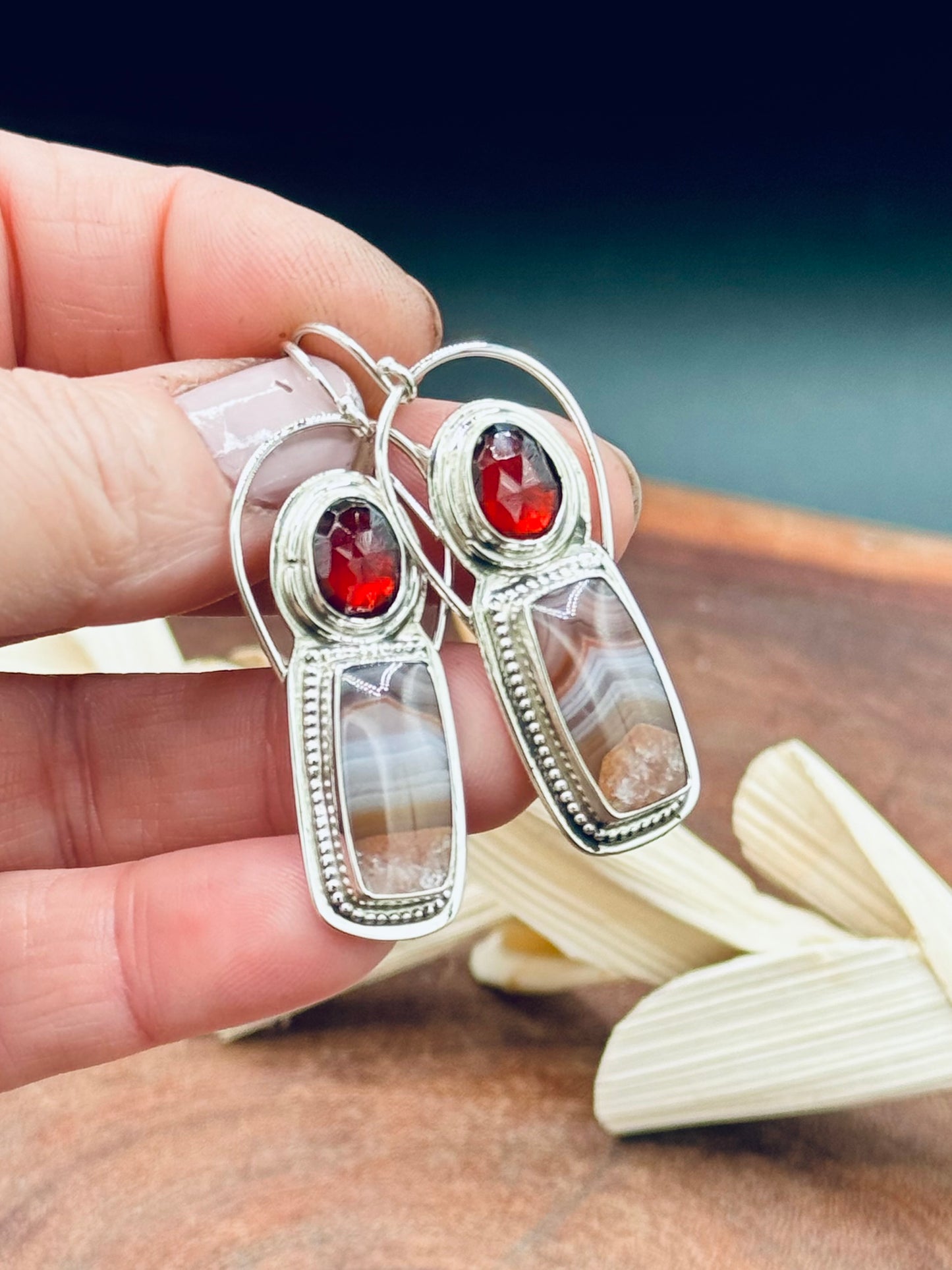 Agua Nueva Agate and Garnet Sterling Silver Earrings