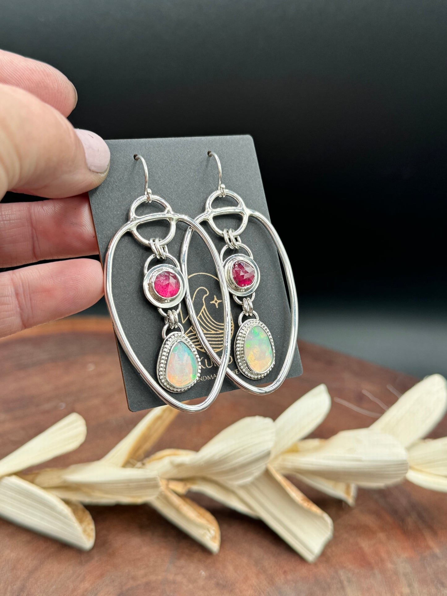 Opal and Pink Sapphire Sterling Silver Dangle Hoop Earrings