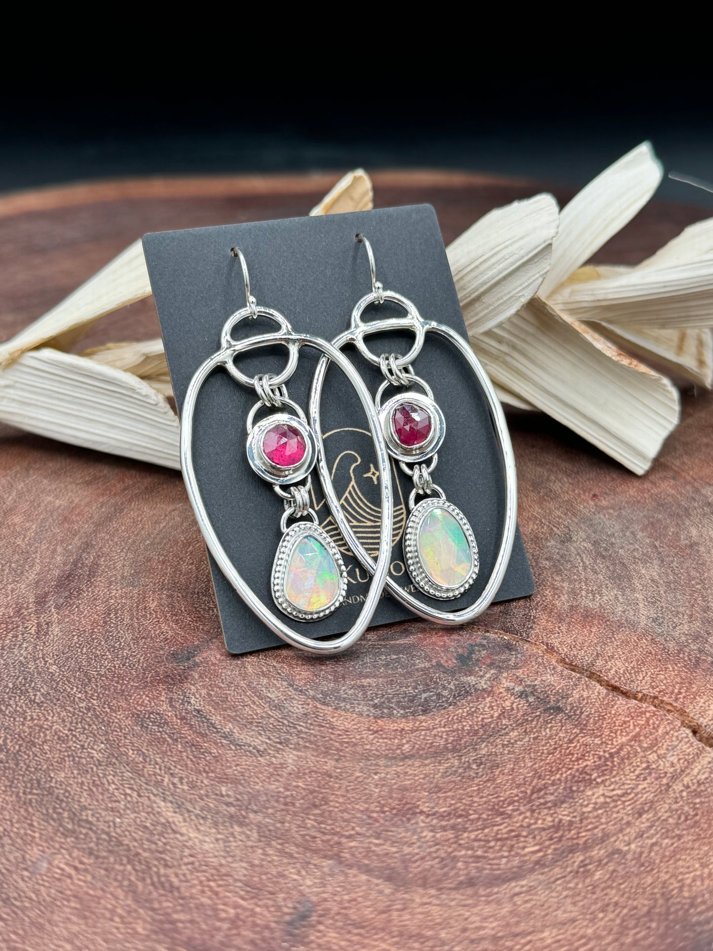 Opal and Pink Sapphire Sterling Silver Dangle Hoop Earrings