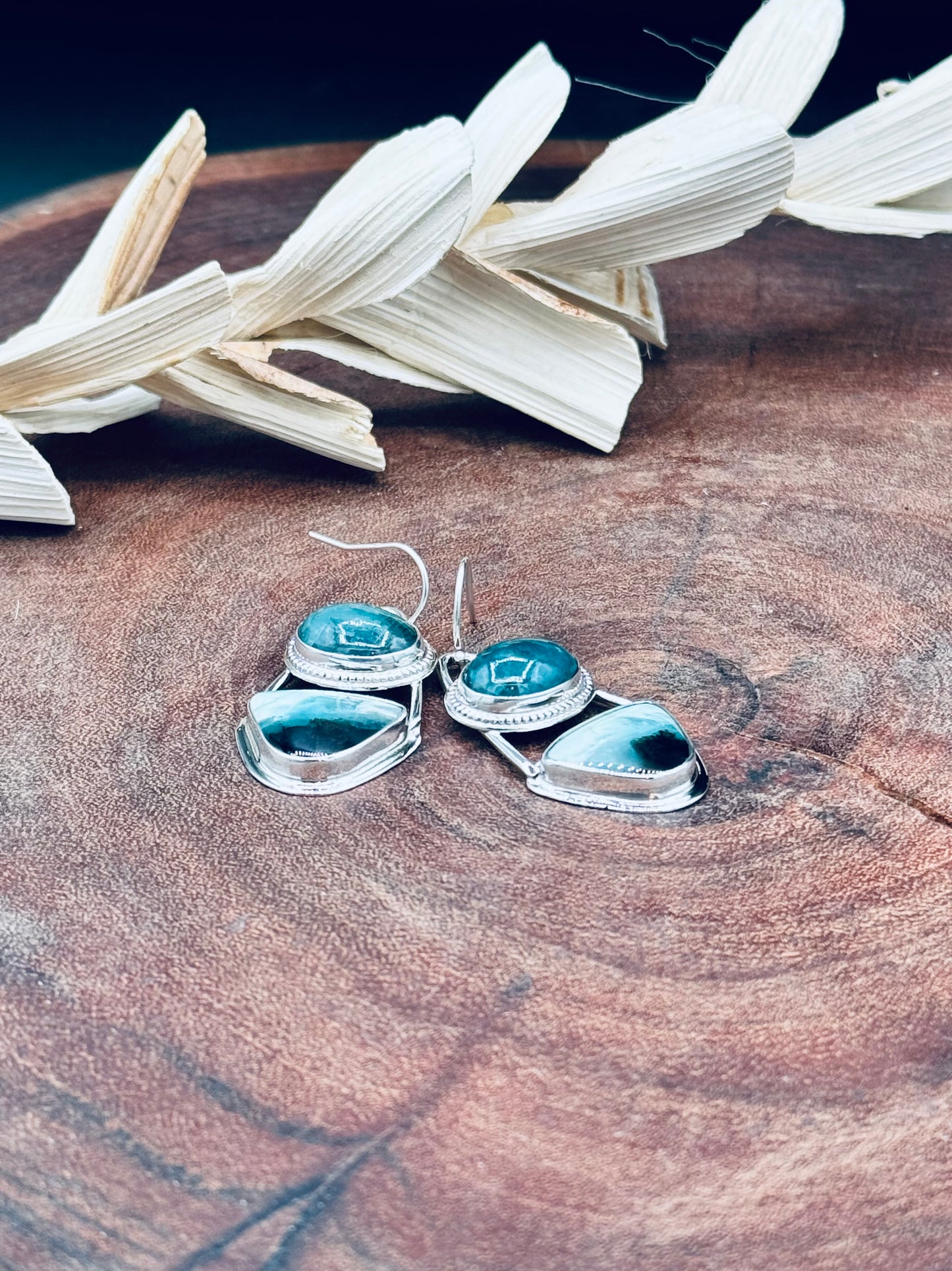Blue Opalized Wood and Grandidierite Sterling Silver Earrings