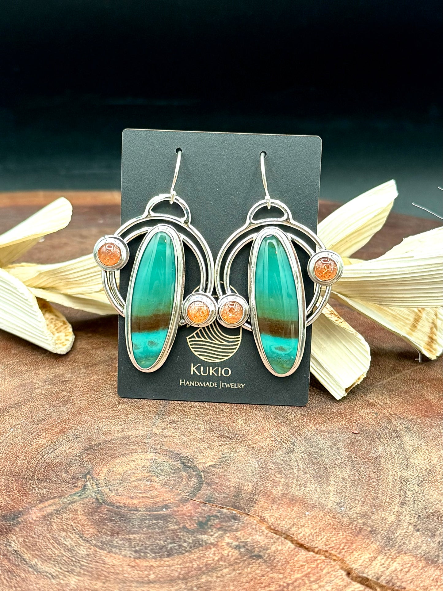 Opalized Wood and Sunstone Double Hoop Earrings