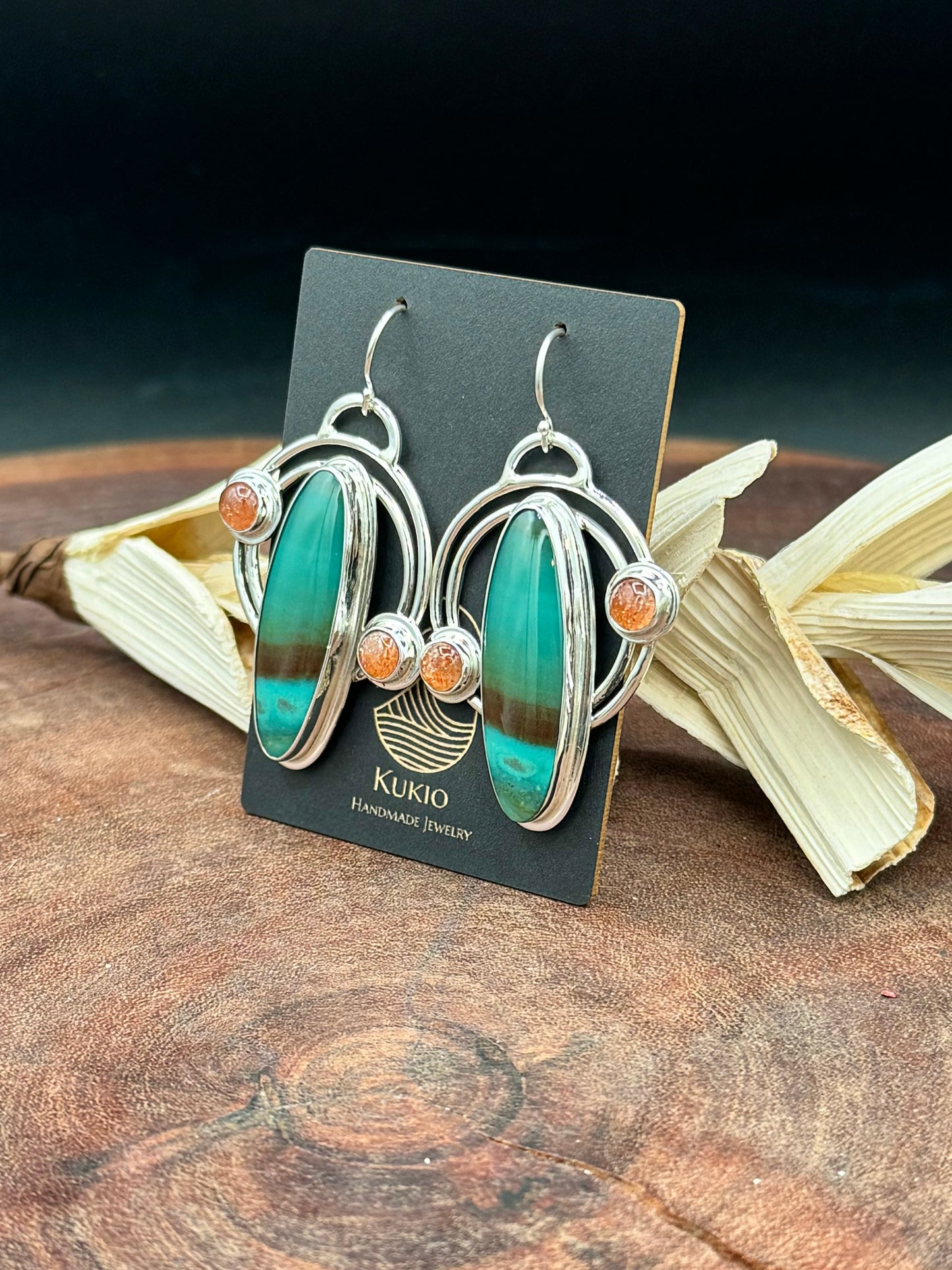 Opalized Wood and Sunstone Double Hoop Earrings