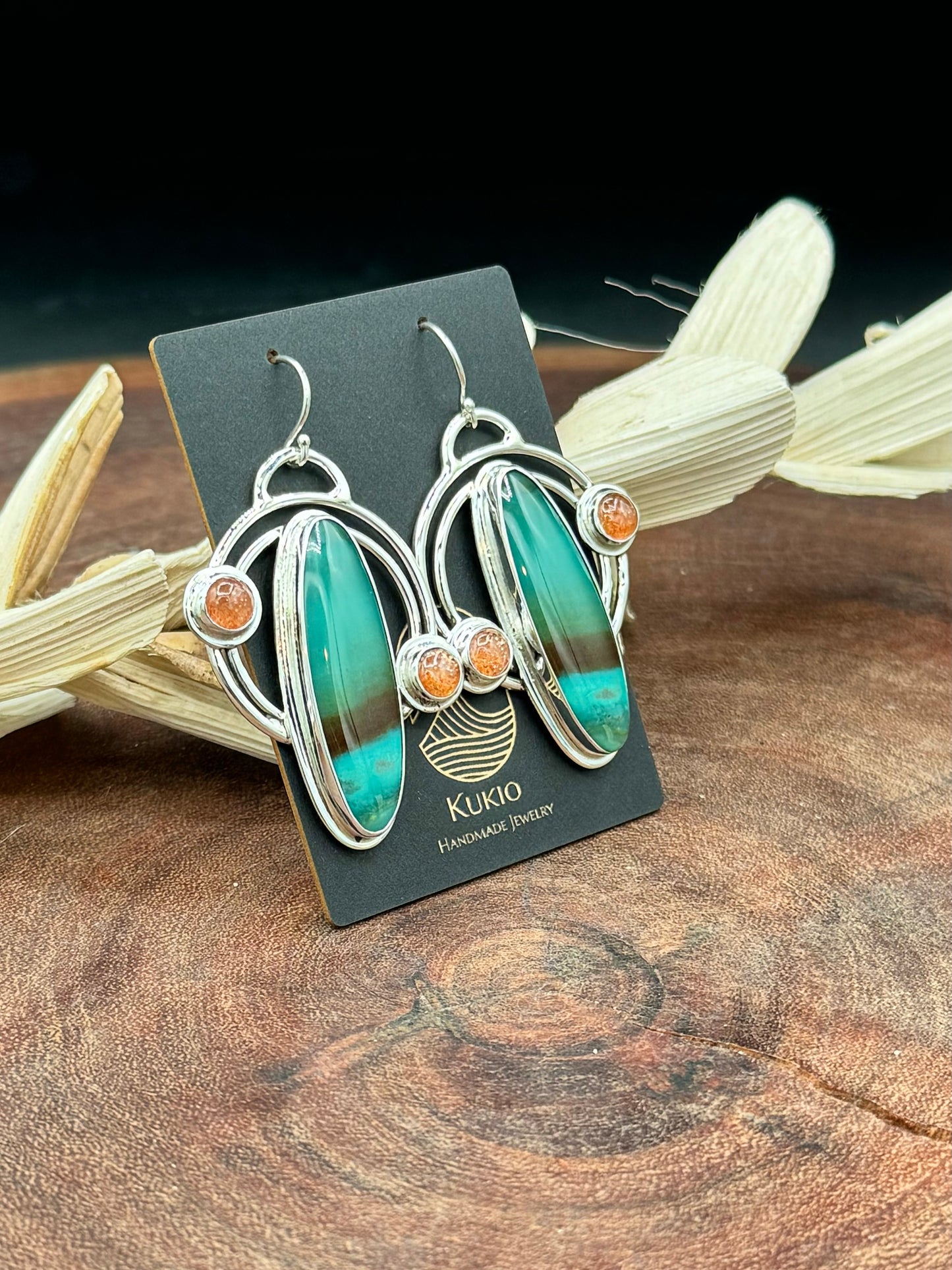 Opalized Wood and Sunstone Double Hoop Earrings