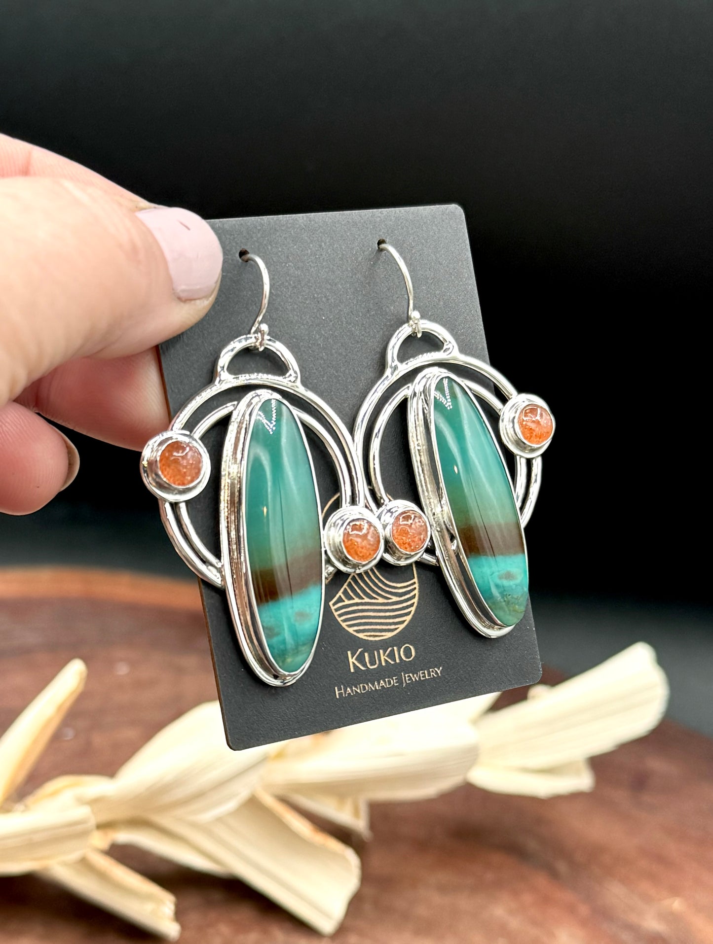 Opalized Wood and Sunstone Double Hoop Earrings