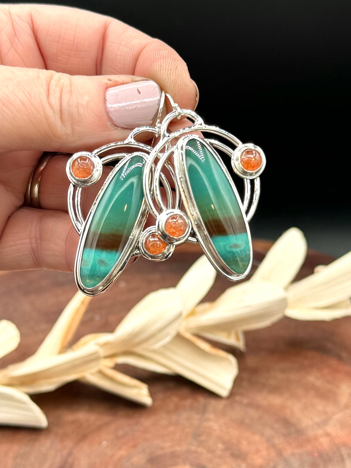 Opalized Wood and Sunstone Double Hoop Earrings