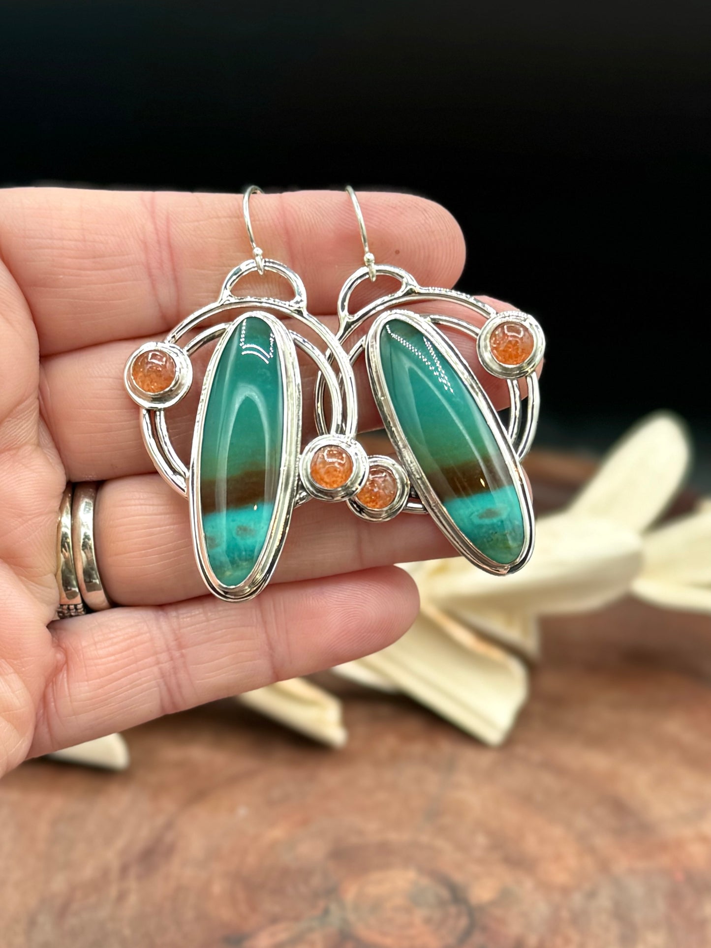 Opalized Wood and Sunstone Double Hoop Earrings