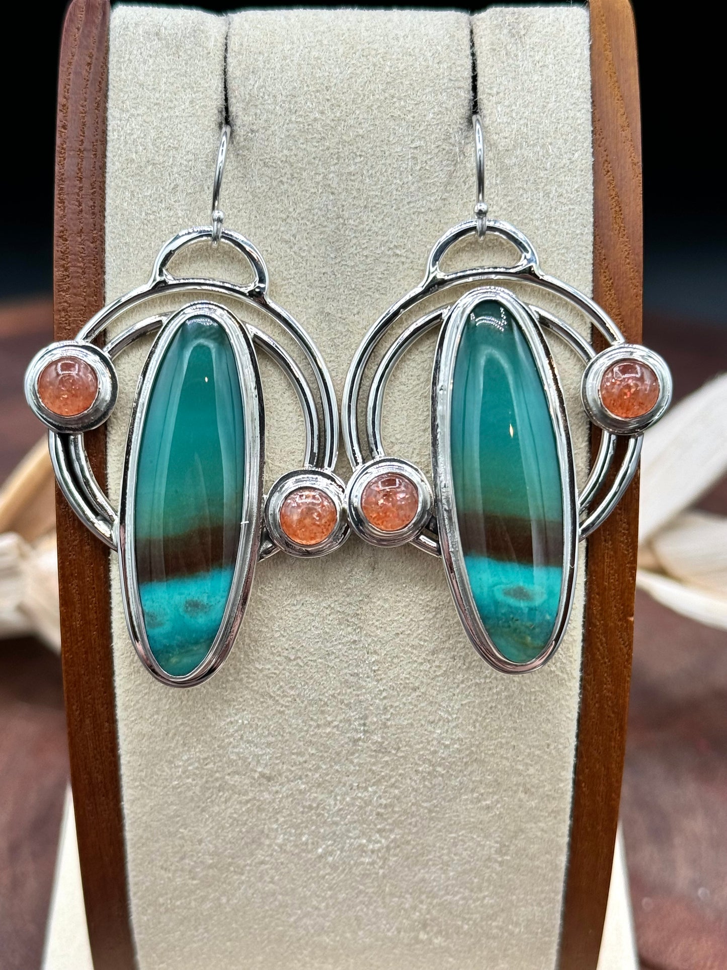 Opalized Wood and Sunstone Double Hoop Earrings