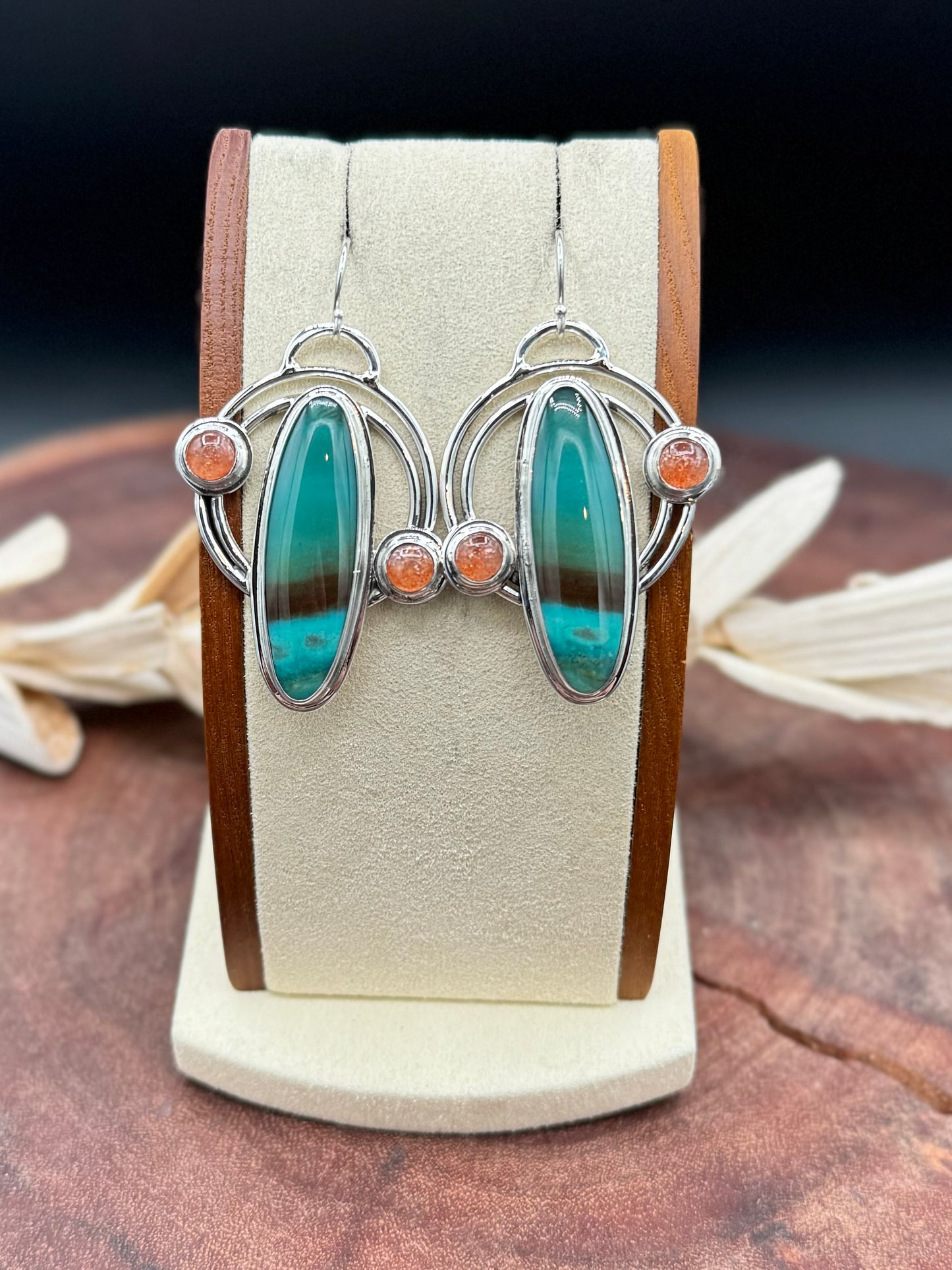 Opalized Wood and Sunstone Double Hoop Earrings