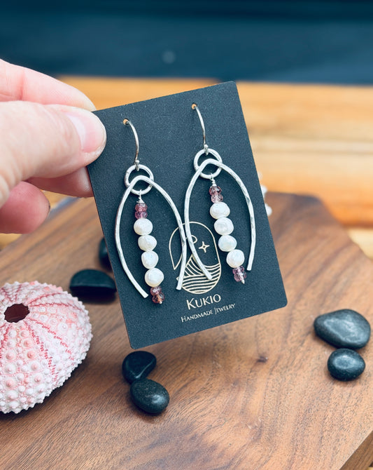 Sterling Silver White Pearl and Pink Tourmaline Earrings