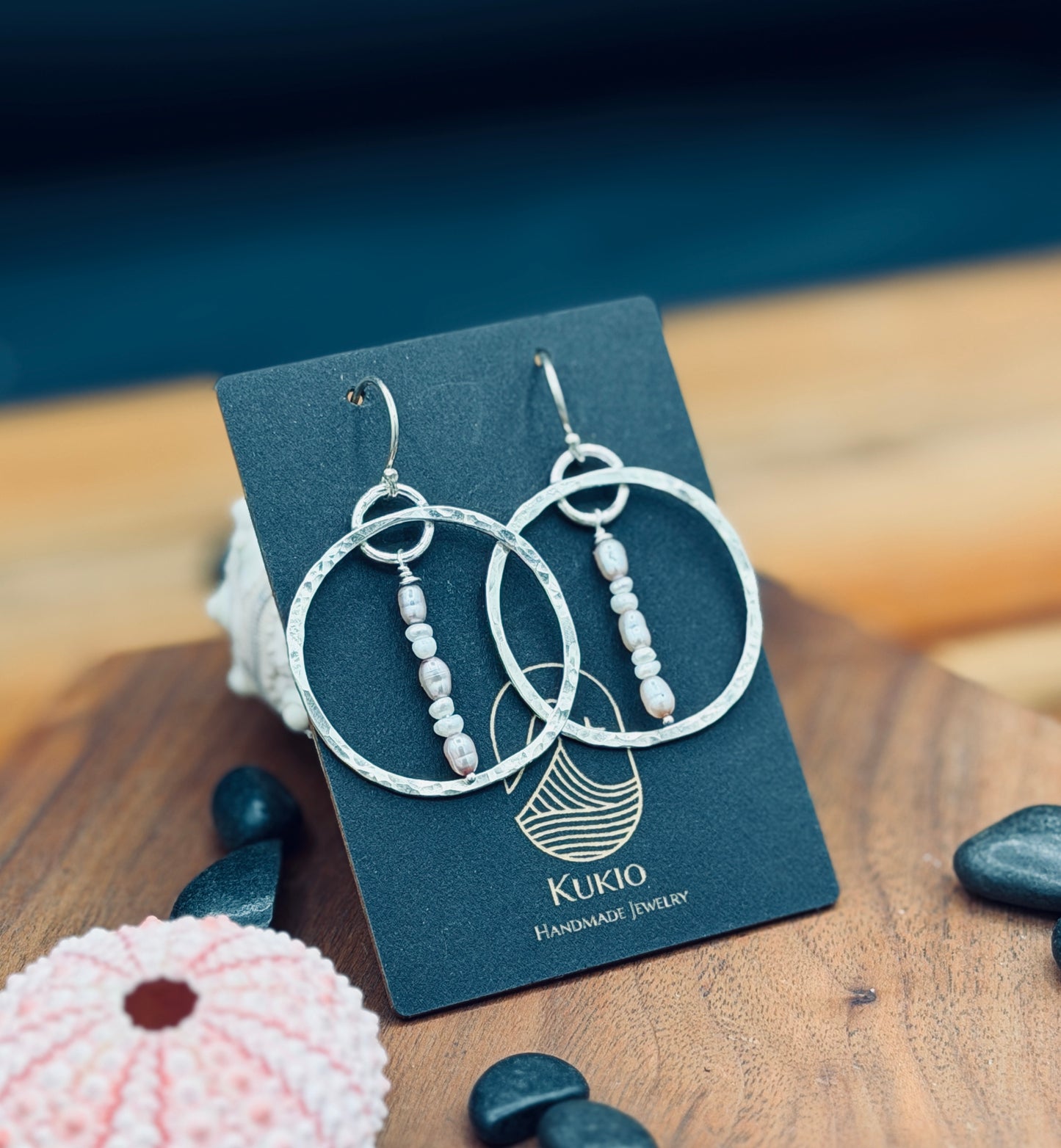 Sterling Silver Hammered Pearl Hoops