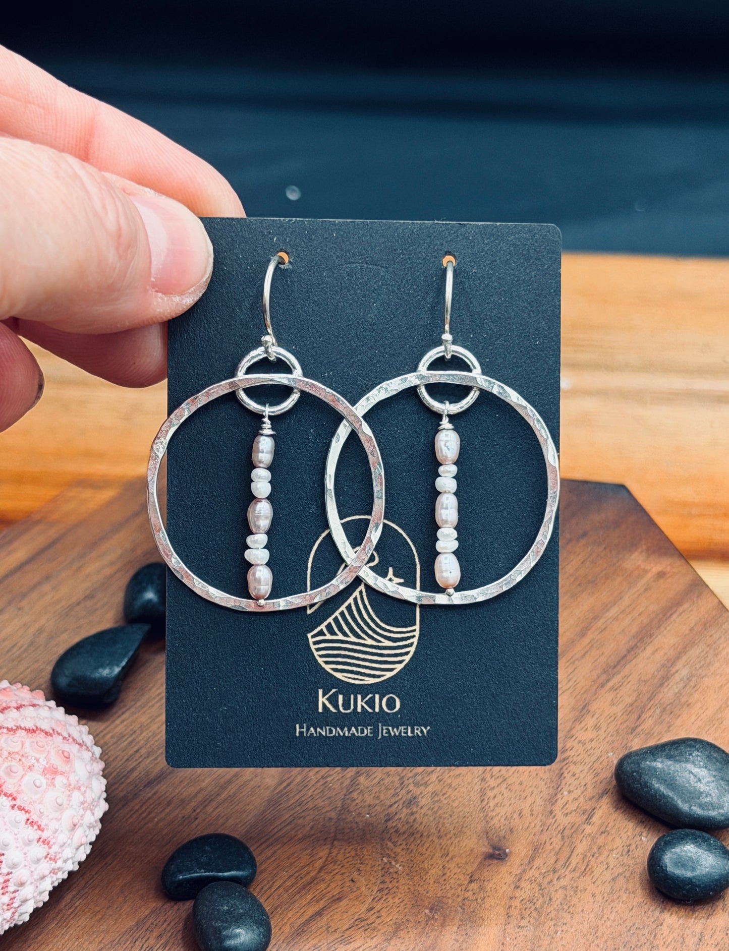 Sterling Silver Hammered Pearl Hoops