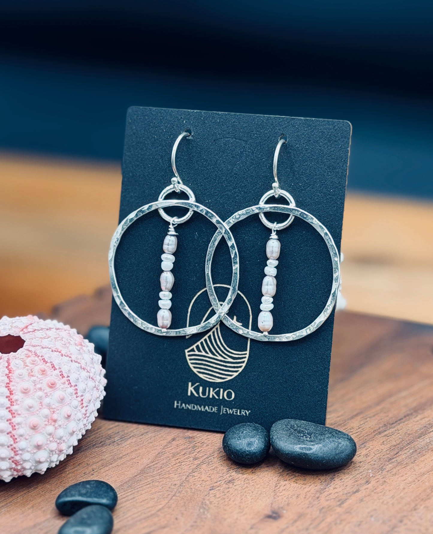 Sterling Silver Hammered Pearl Hoops