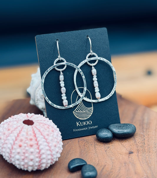 Sterling Silver Hammered Pearl Hoops