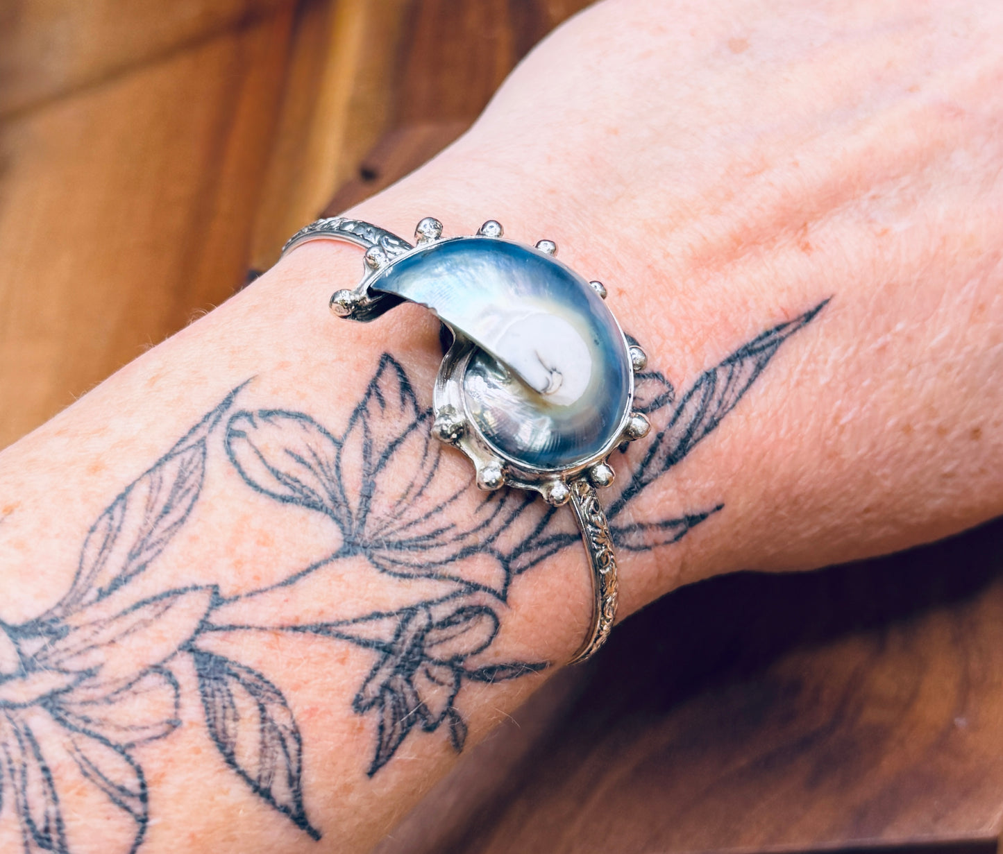 Nautilus Shell Patterned Sterling Silver Cuff