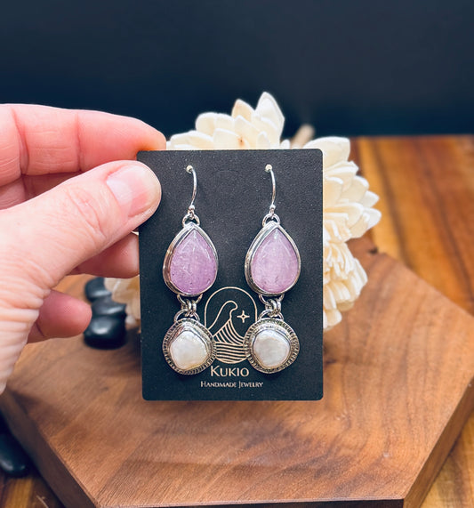 Lavender Kunzite and Pearl Sterling Silver Earrings