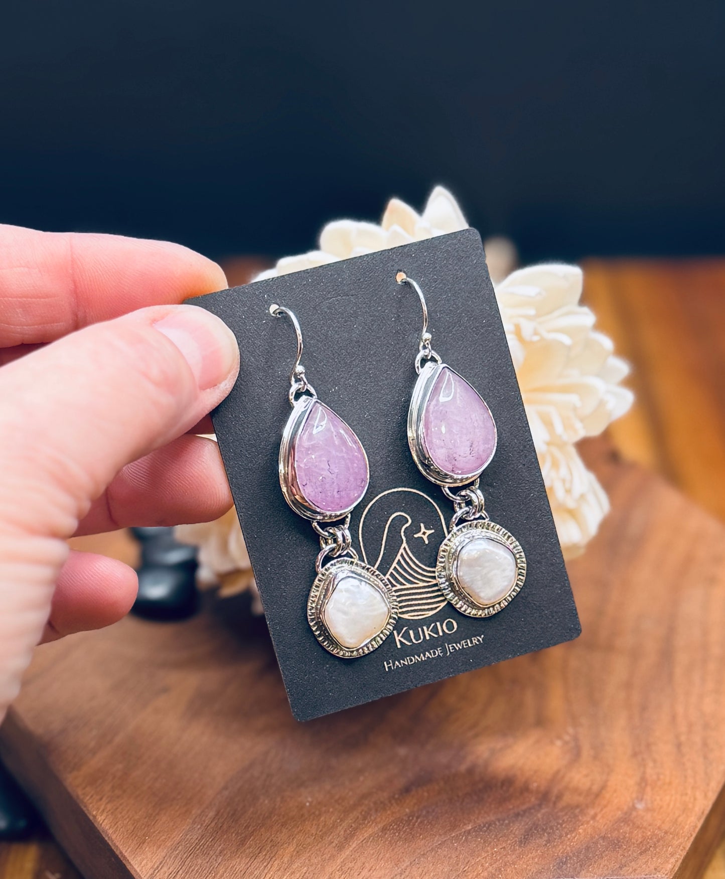 Lavender Kunzite and Pearl Sterling Silver Earrings