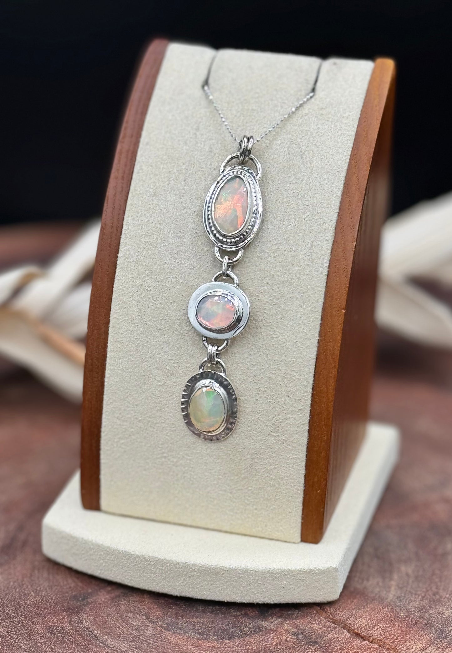 Sterling Silver Triple Opal Pendant Necklace