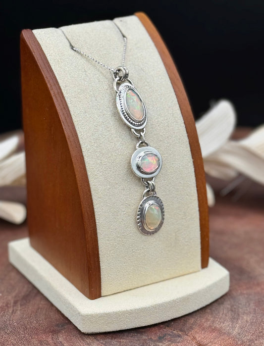 Sterling Silver Triple Opal Pendant Necklace