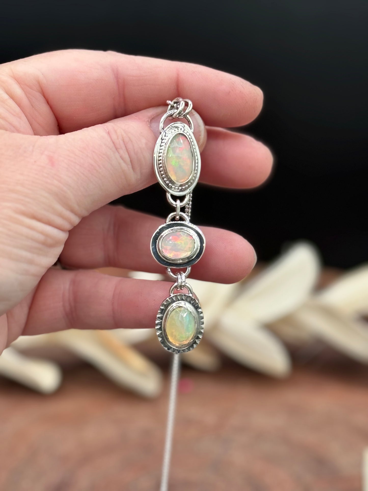 Sterling Silver Triple Opal Pendant Necklace