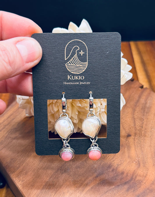 Sterling Silver Fresh Water Pearls and Pink Opal Huggie Earrings