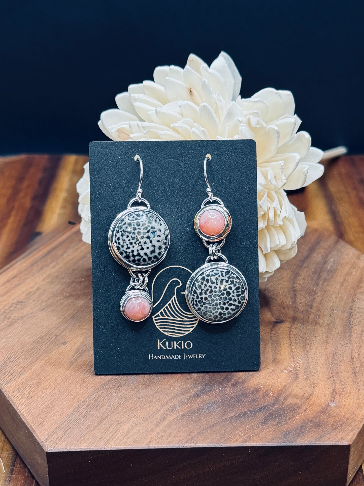 Sterling Silver Black Stingray Fossilized Coral and Pink Opal Earrings