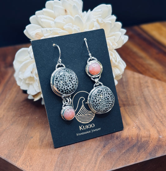 Sterling Silver Black Stingray Fossilized Coral and Pink Opal Earrings