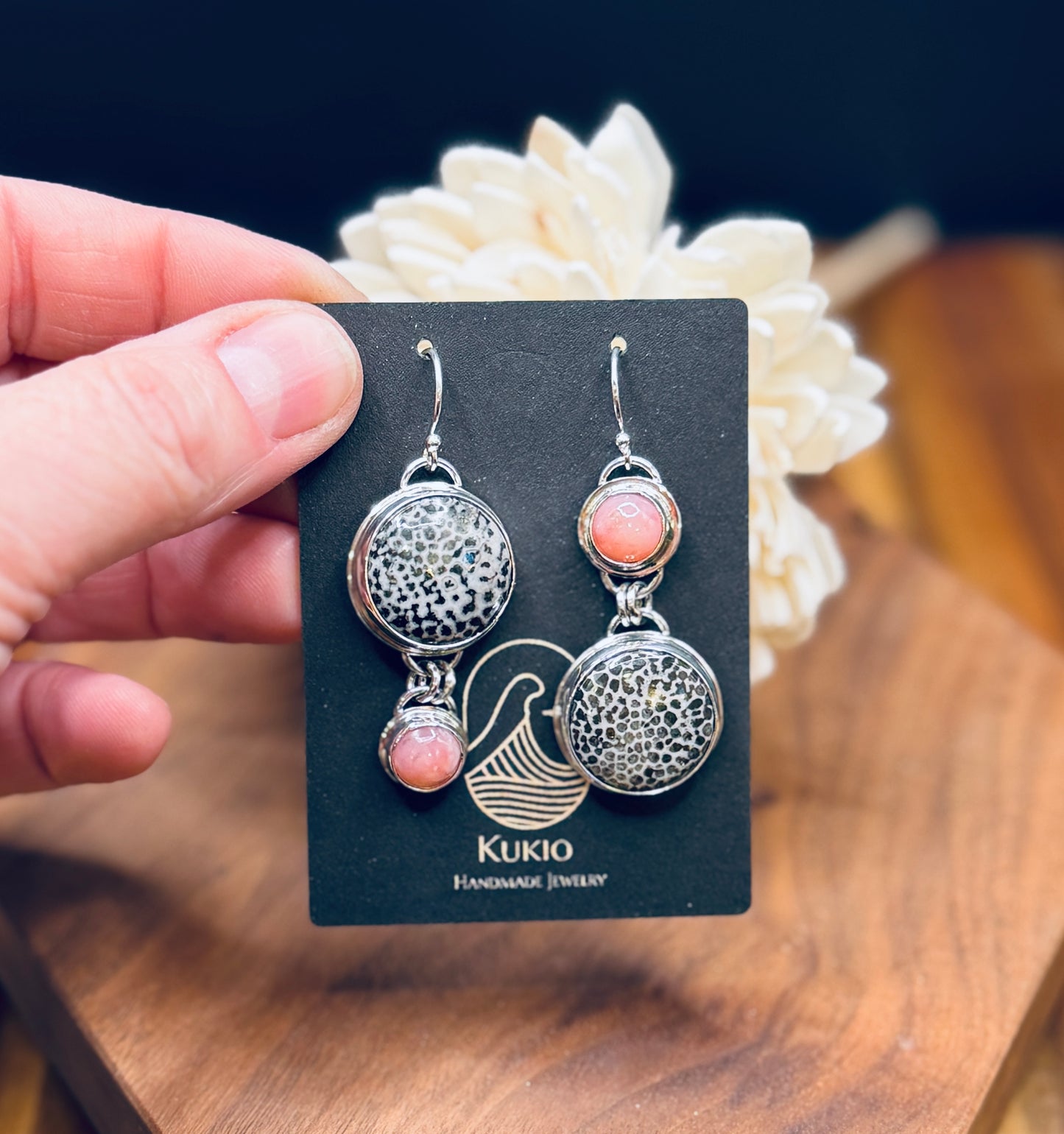 Sterling Silver Black Stingray Fossilized Coral and Pink Opal Earrings