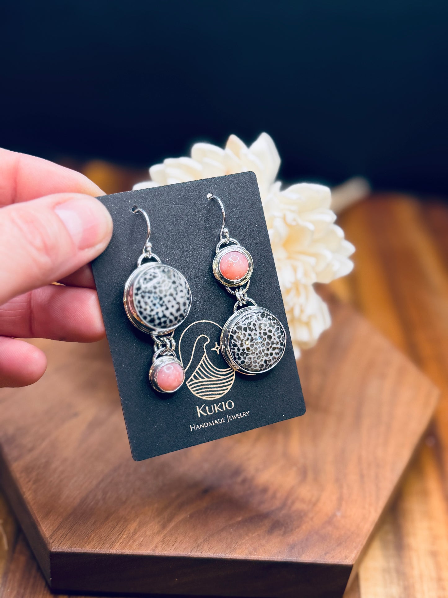 Sterling Silver Black Stingray Fossilized Coral and Pink Opal Earrings