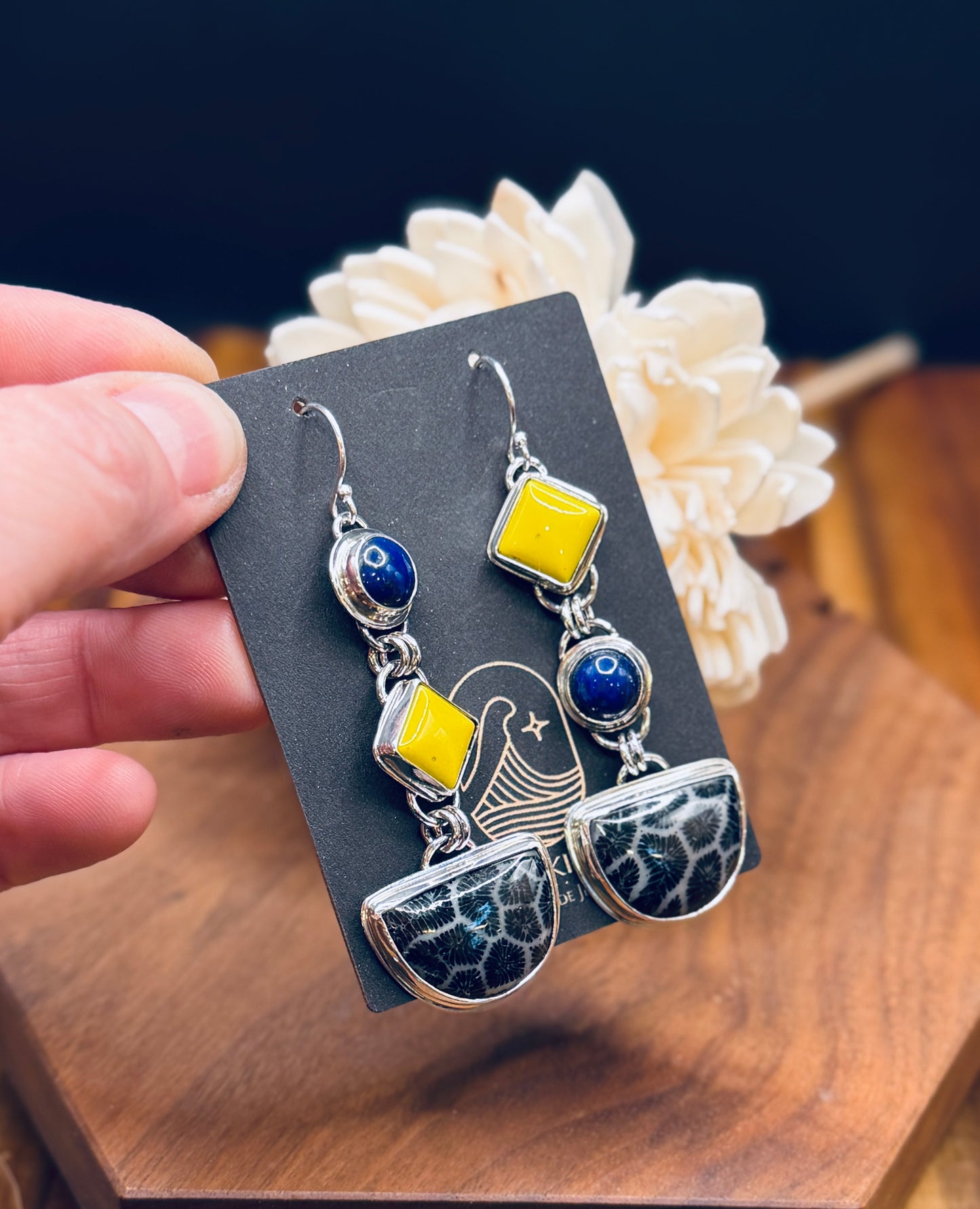 Black Fossilized Coral with Lapis and Yellow Rosarita