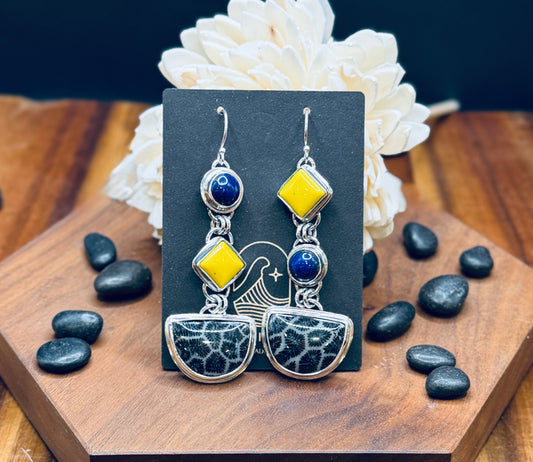 Black Fossilized Coral with Lapis and Yellow Rosarita