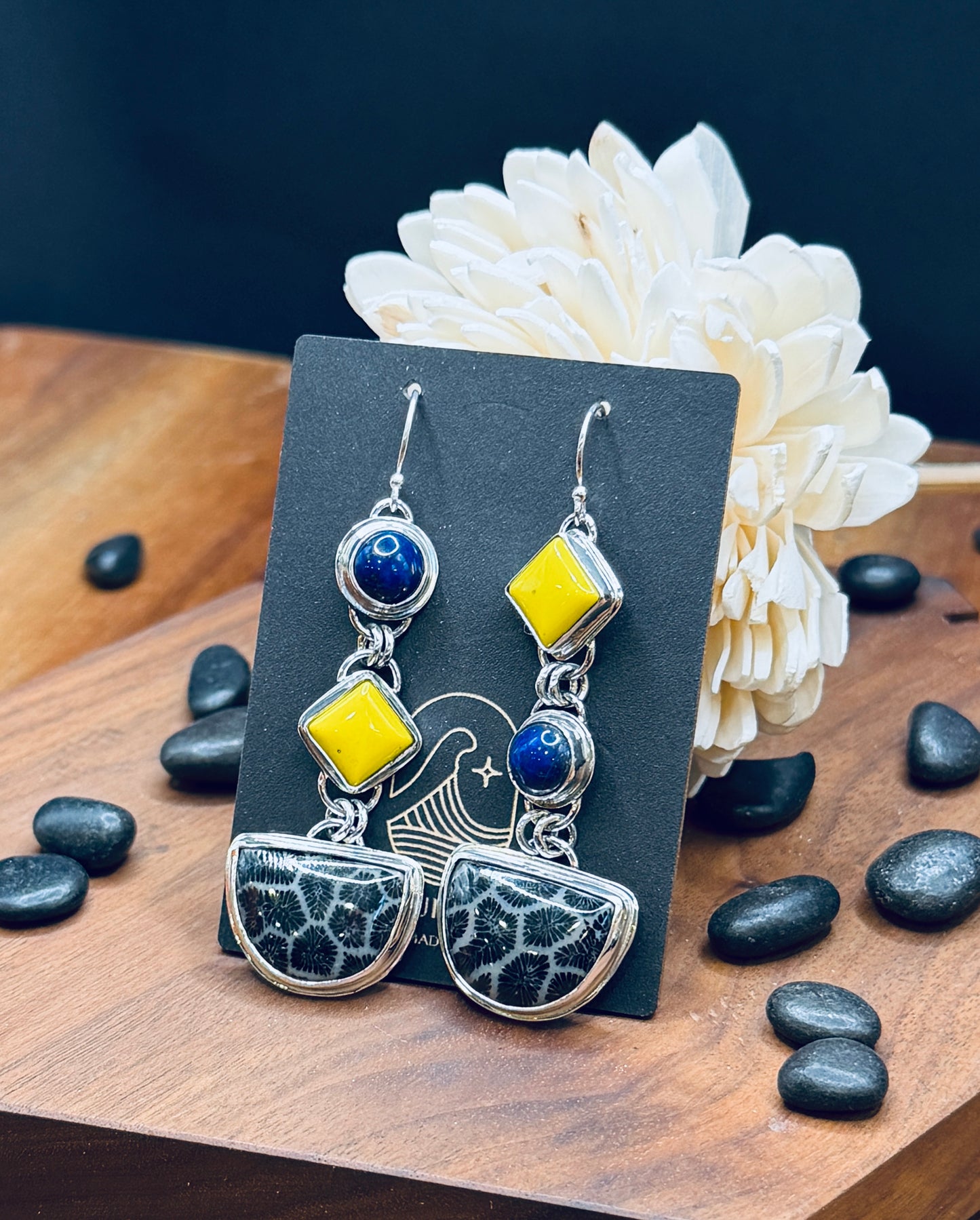 Black Fossilized Coral with Lapis and Yellow Rosarita